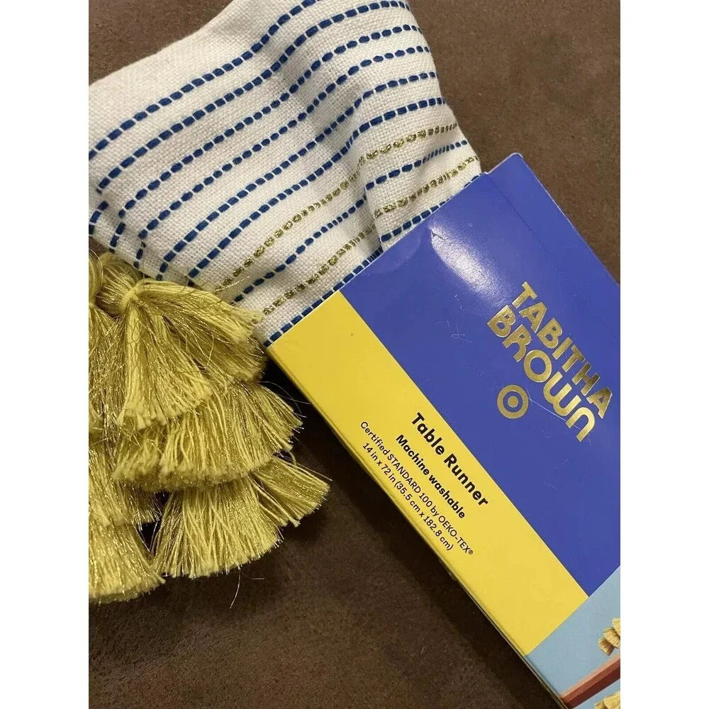 Tabitha Brown Target blue yellow Table Runner Kitchen Tassels 14x72 gold navy